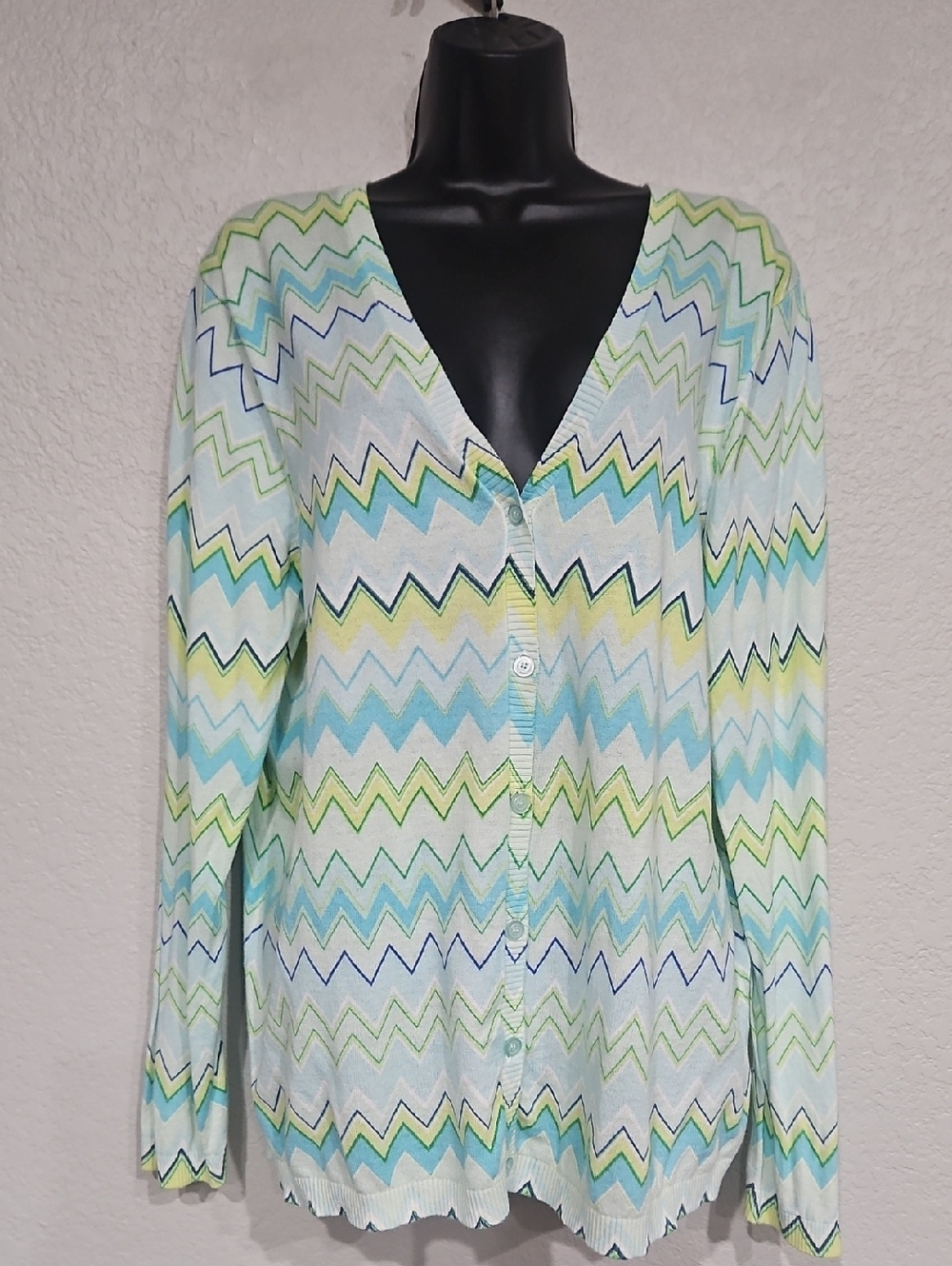 Liz Claiborne | Women's Pastel Blue Green Yellow Chevron Cardigan Sweater Sx 1X